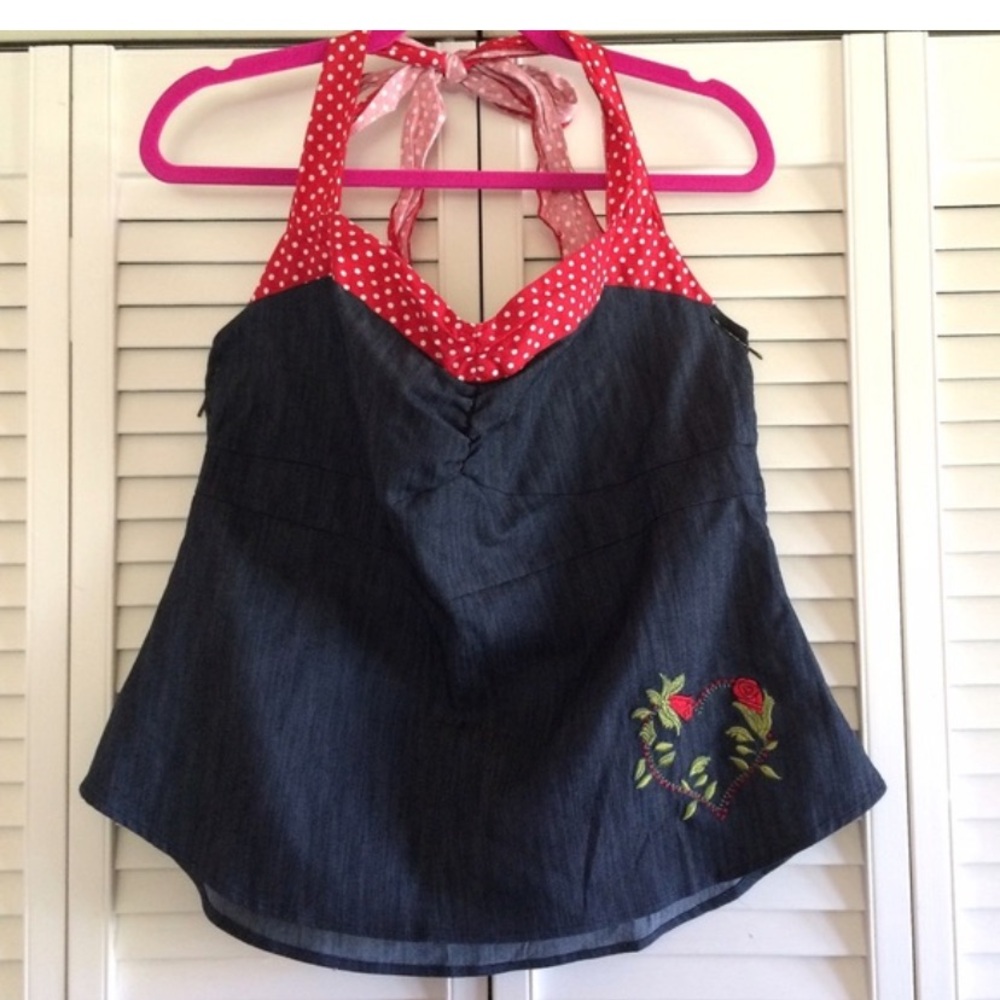 VINTAGE Torrid Alert!! Denim Halter Red Roses Polka Dots 1X EUC!!!